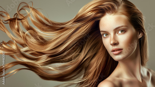 joyful woman with her long, flowing hair dynamically spread out