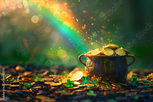 Pot with a gold coins and shamrock. Rainbow on the background. Saint Patrick's Day concept.