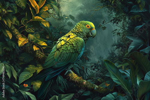 A wild and rare green parrot, its iridescent plumage shimmering as it sits majestically on a sturdy tree branch amidst lush foliage, a symbol of untamed beauty in the heart of nature.