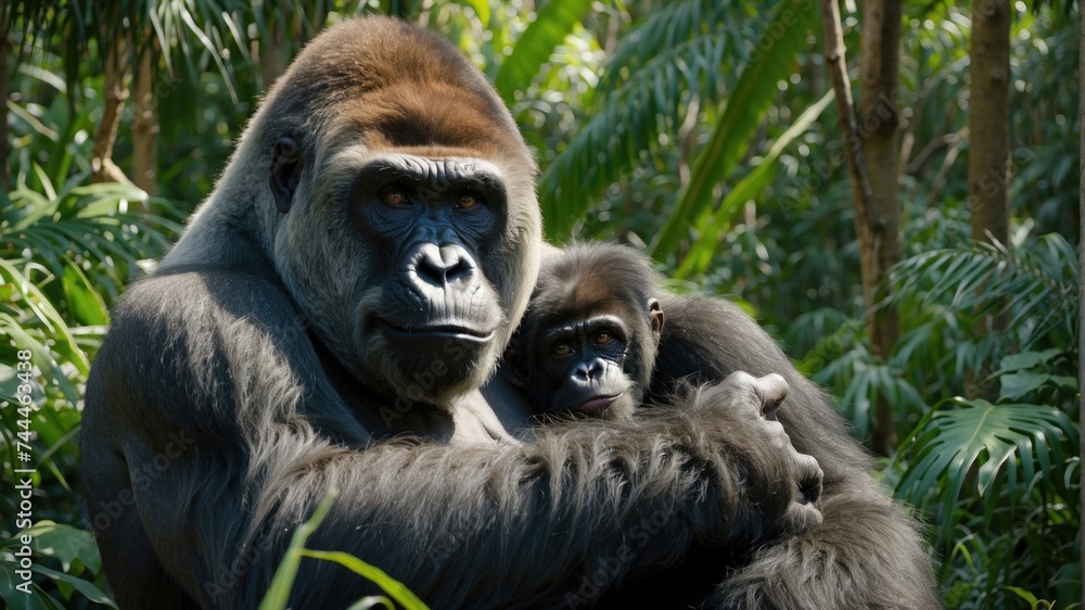 A gorilla and her baby in the jungle. Generative AI. A gorilla and her baby in the jungle. Generative AI.