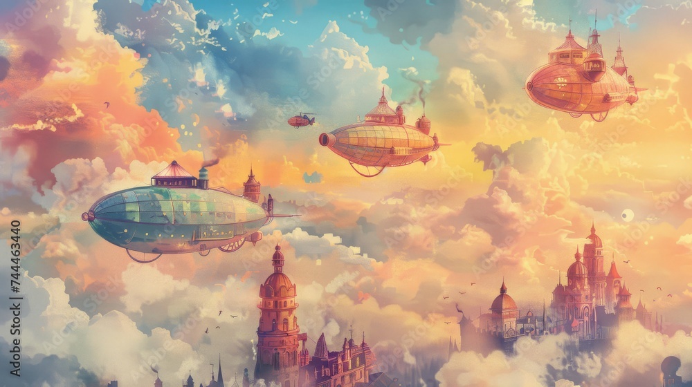 Imaginative steampunk airships float among the clouds over a fantastical sky city bathed in the warm hues of sunset. - obrazy, fototapety, plakaty 