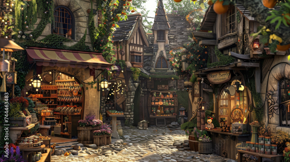 A cobblestone street in a magical medieval village, lined with artisan shops adorned with greenery and warm glowing lights.