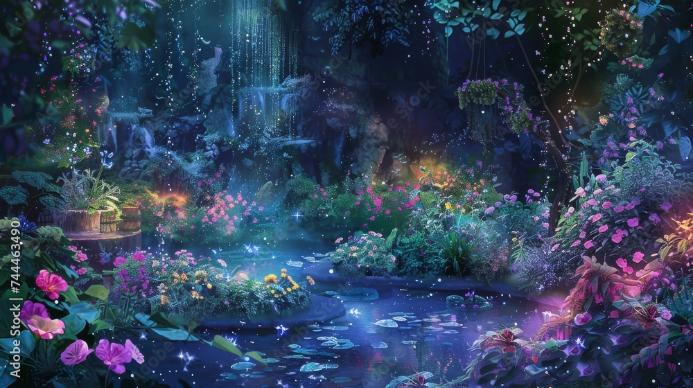 An ethereal night garden comes alive with luminescent flowers, sparkling waterfalls, and a tranquil pond under a mystical starry sky.