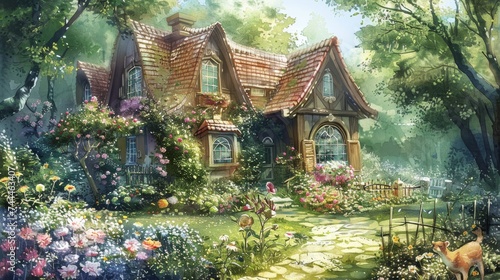 A quaint, storybook cottage is surrounded by an explosion of colorful flowers along a meandering garden path.
