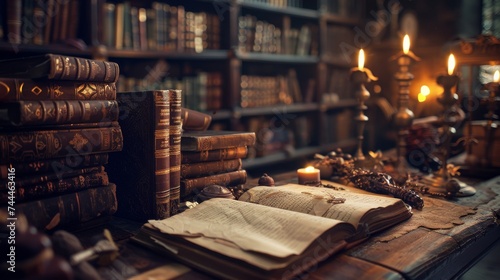 An open ancient book lies o...