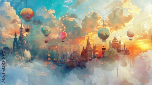 Colorful hot air balloons soar over a cityscape enveloped in clouds, with the backdrop of a picturesque sunset sky.