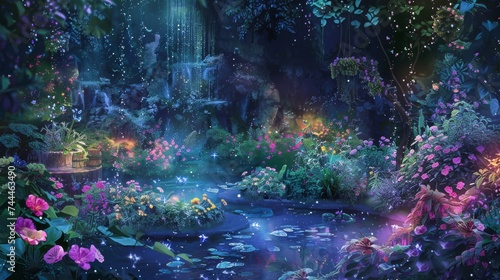 An ethereal night garden comes alive with luminescent flowers, sparkling waterfalls, and a tranquil pond under a mystical starry sky. © doraclub