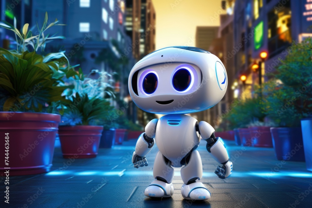 A robot standing in the middle of a city street. Generative AI. A robot standing in the middle of a city street. Generative AI.