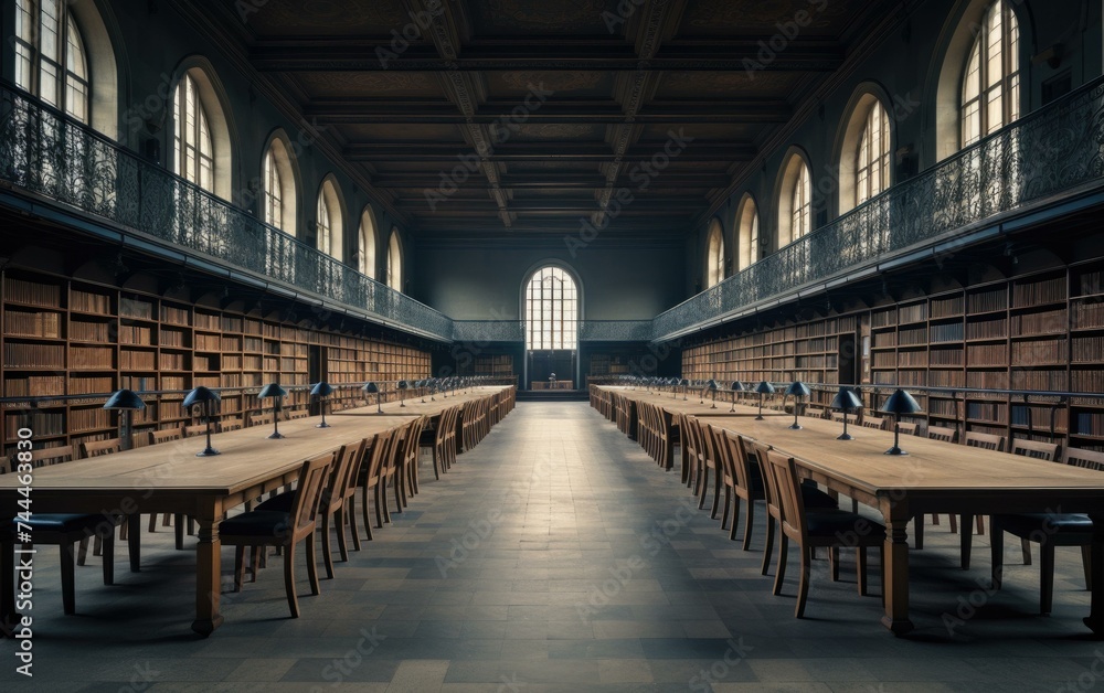 An empty library with many tables and chairs. Generative AI.