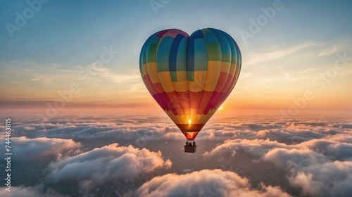 A colorful hot air balloon flying above the clouds. Generative AI. © serg3d