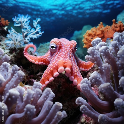 An octopus is sitting on a coral reef. Generative AI.