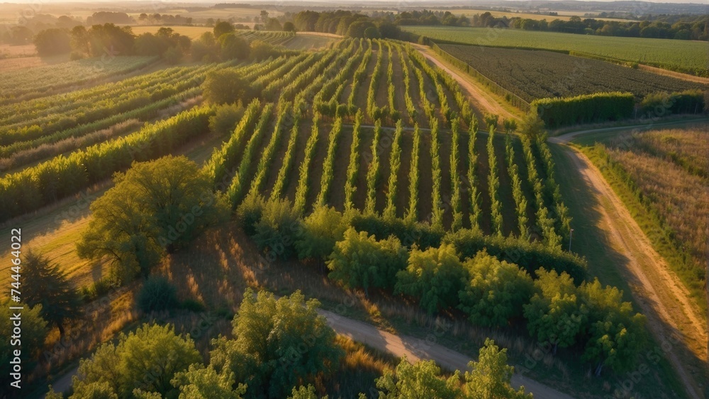 An aerial view of a vineyard field. Generative AI.