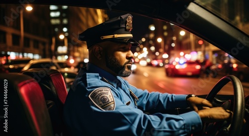 A police officer driving a car at night. Generative AI.