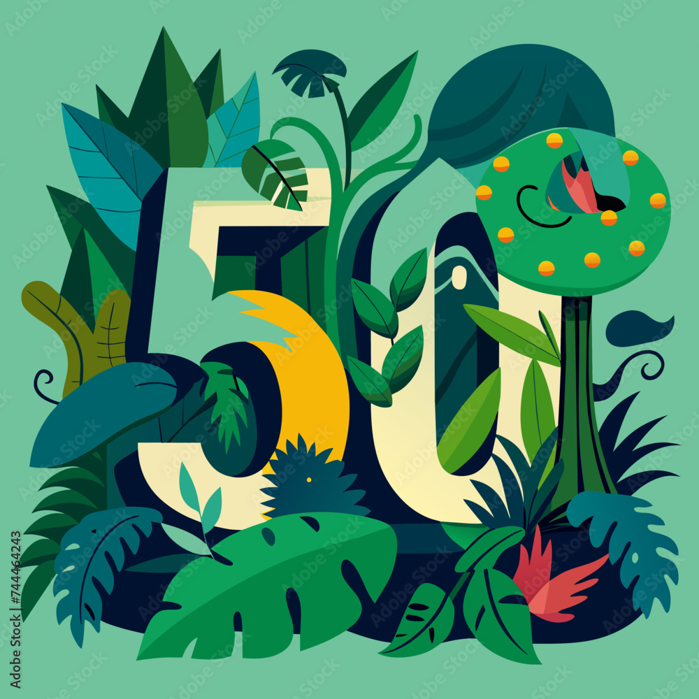 Illustrated jungle scene with vines forming the numbers 