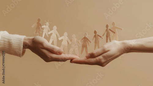 pair of human hands gently holding a chain of paper cut-out figures, symbolizing unity, support, and human connection.