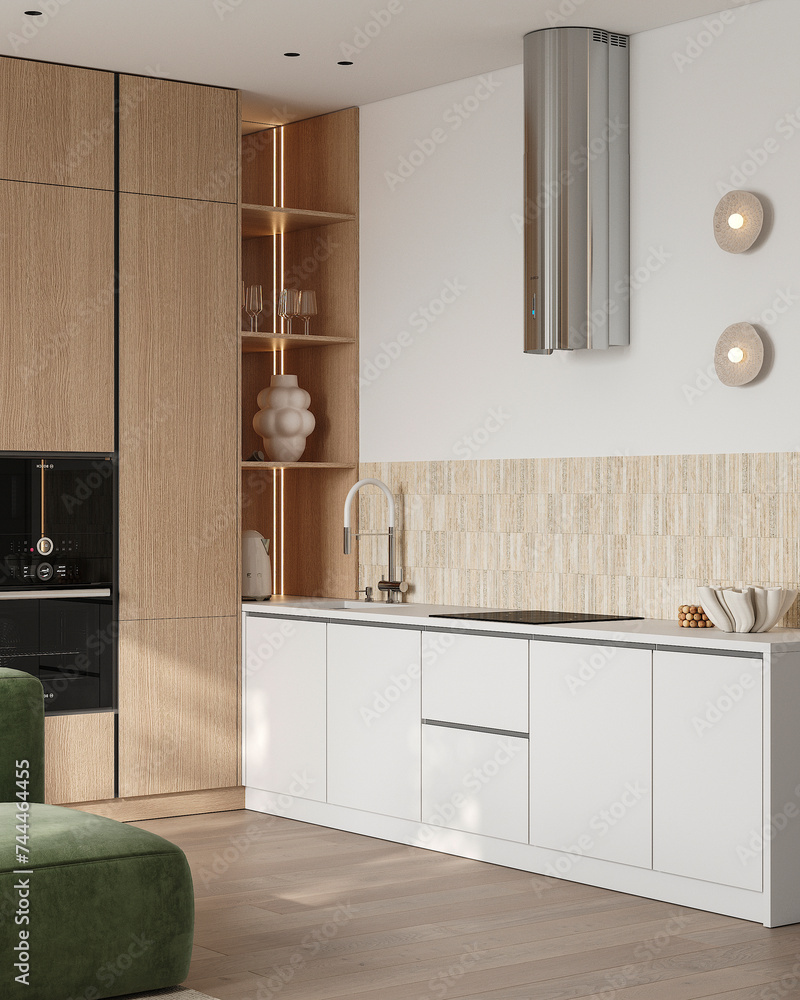 Fototapeta premium Modern minimalist kitchen-living room