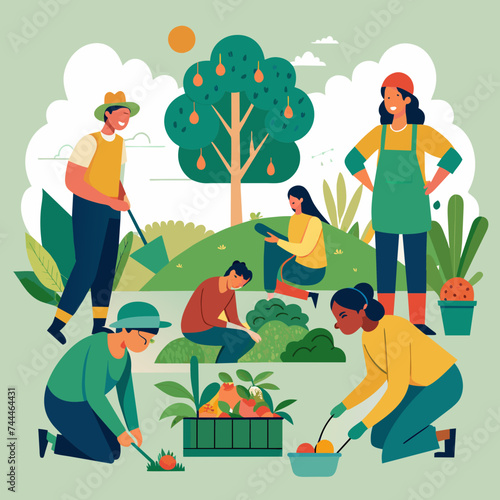 Community garden with people tending to it, showcasing collective nurturing. vektor illustation