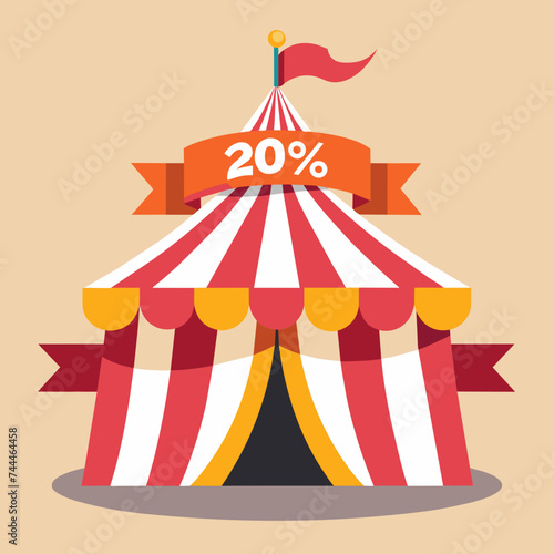 Whimsical cartoon illustration of a circus tent with "20% Off" written on a banner. vektor illustation
