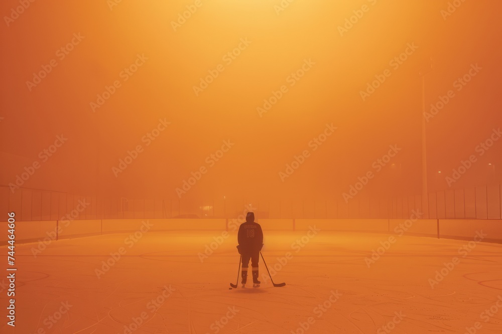 a single hockey player standing alone on the hockey field. orange foggy mood