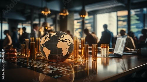 Global Market Trends in Finance and Business Investment Consulting with Images of Consultants in the Background Interacting with International Clients and Analyzing Market Trends