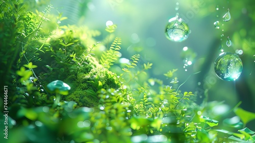 Crystal clear water drop background is green full of vitality and lush plants inside there is a world inside beautiful scenery 3D HD big picture creative design
