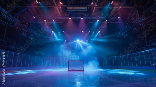 hockey arena, goalie net in center, stage lighting, dramatic photo