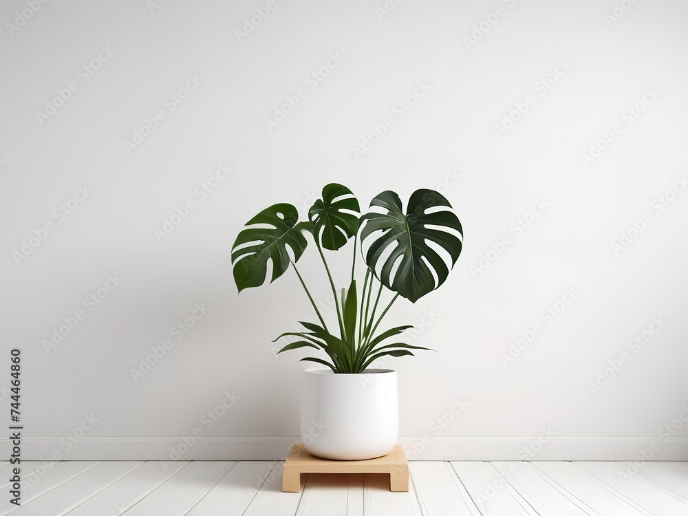 Monstera plant in white pot on white wall background. 3d render Monstera plant in white pot on white wall background. 3d render