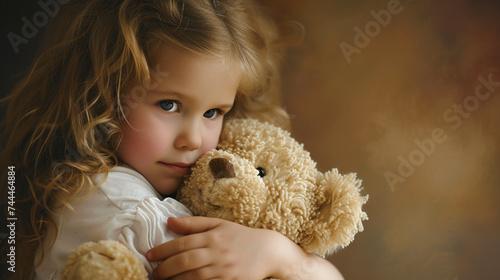 A young girl cuddling a teddy bear, her eyes filled with love and affection as she holds her cherished companion close.