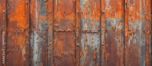 A close-up photo showcasing a rusted metal wall with shades of brown resembling wood flooring. The pattern of rectangular planks suggests a hardwood look with amber tint and wood stain.