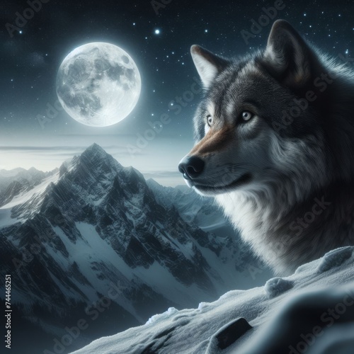 Lone wolf stands on mountain ridge, with snow and full moon 