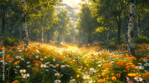 Flowers and Animals in a Forest with Greenery and Shade
