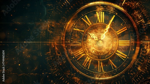 Vintage circular clock on an old-style abstract grunge background, with time-lapse photography style, golden hues, spiritual motifs, hand-drawn elements, and correct Roman numerals.