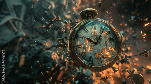 A 3D-rendered, old-fashioned clock in an explosive abstract style, UHD image. Light amber, enchanting realms, repetitive, disintegrated.