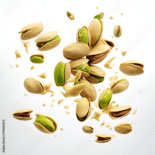 pistachio flying on air in white background, A set with Fresh raw Pistachios isolated on white background, A set with Flying in air fresh raw whole and cracked pistachios, Generative Ai