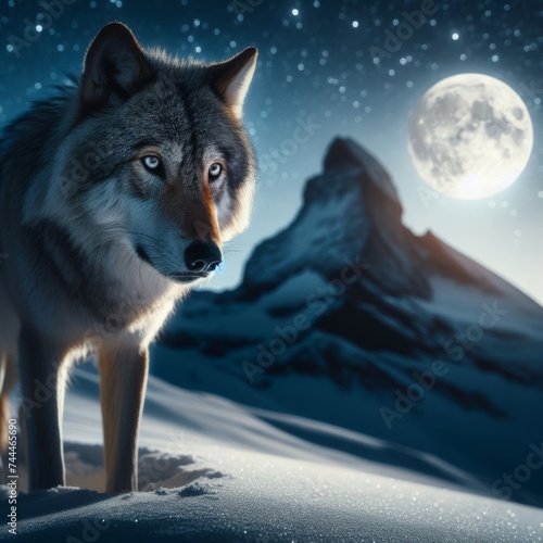 Lone wolf stands on mountain ridge  with snow and full moon 