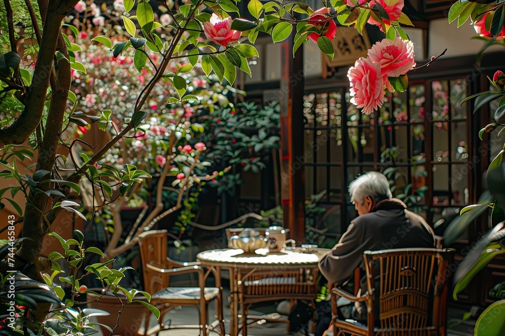 a man sitting at a table in a garden