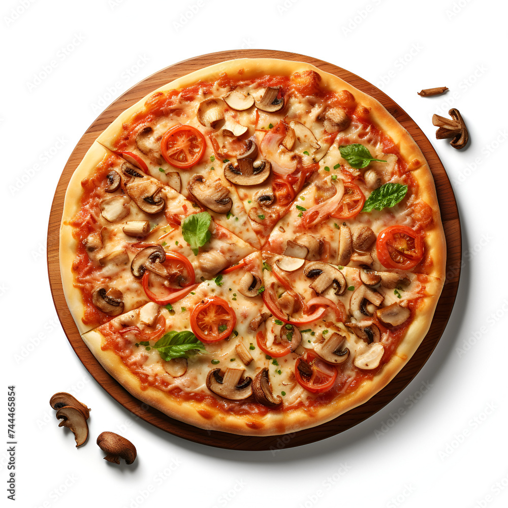 Pizza on white background, Pizza with ham, rucola, and vegetables on white background, Pizza slice with different toppings isolated on white, Generative Ai 
