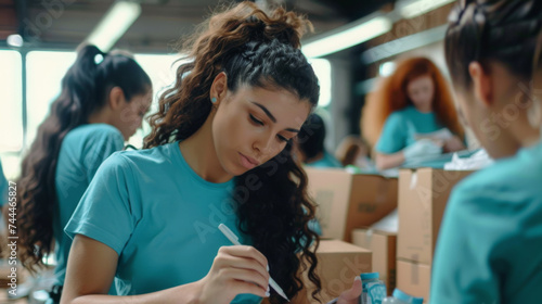 focused young woman wearing blue t-shirt, likely volunteer, involved in a charitable activity, such as packing boxes photo