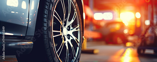 Detail on luxury tire wheel in car service center