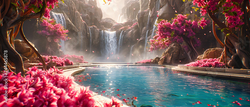 Majestic waterfall in a lush forest, embodying the serene beauty and vibrant life of a tropical paradise