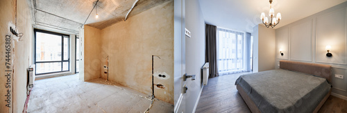 Comparison of bedroom with large panoramic window before and after renovation. Photo collage of old apartment before restoration and new renovated flat with bed and elegant interior design. photo