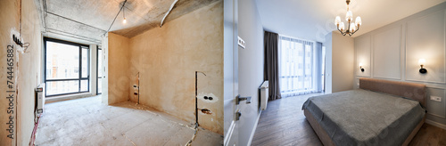 Comparison of bedroom with large panoramic window before and after renovation. Photo collage of old apartment before restoration and new renovated flat with bed and elegant interior design.