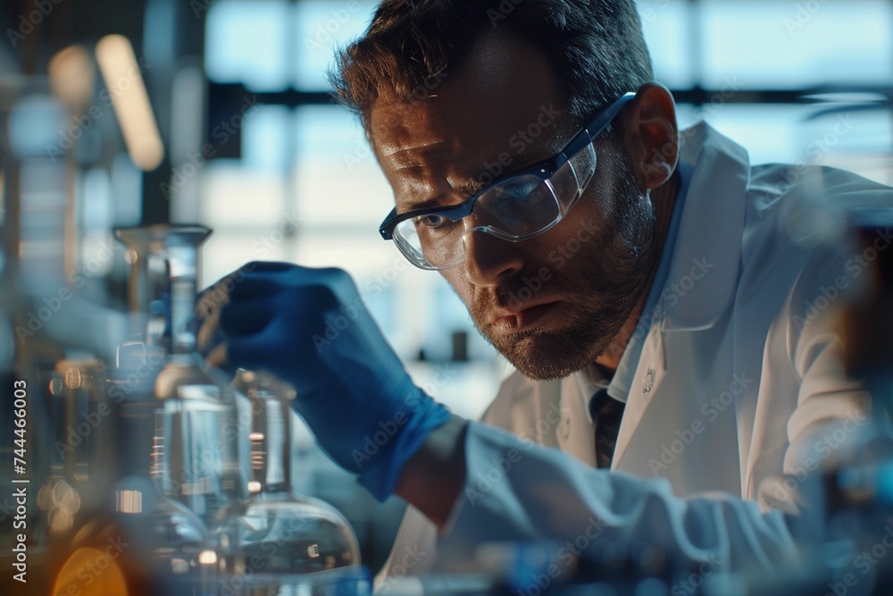 Afro American scientist in a white robe wearing glasses in the laboratory. He is looking at the flask. Afro American scientist in a white robe wearing glasses in the laboratory. He is looking at the flask.