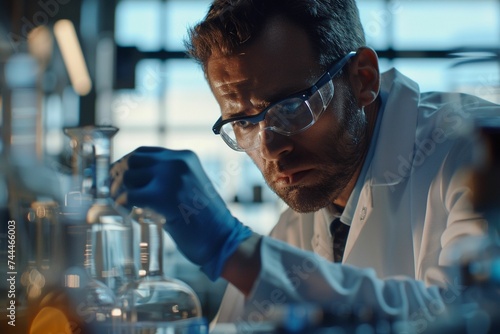 Afro American scientist in a white robe wearing glasses in the laboratory. He is looking at the flask.