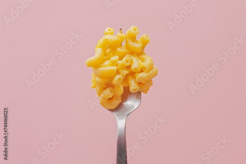 mac and cheese close up on a fork on a pastel pink background photo