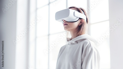 a young girl of European appearance, in casual clothes, in a modern bright room wearing a white VR virtual reality headset. daylight