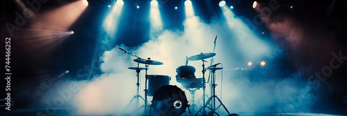 Live drum on stage with spotlights illuminating smoke music and concert background. silhouette concept photo