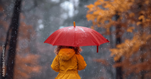 A little girl walks in the rain in the park