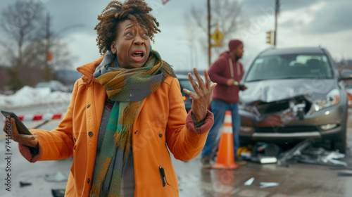 woman in an orange jacket speaking on the phone with a worried expression while a man in the background is also on his phone, both standing on a roadside with traffic cones and cars in the background.