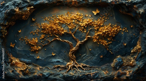 Tree on Dark Background in the Style of Decorative Relief - Realistic Fantasy Artwork made of Vine - Light Azure and Bronze Carved Surface Nightmare Illustration created with Generative AI Technology © Sentoriak